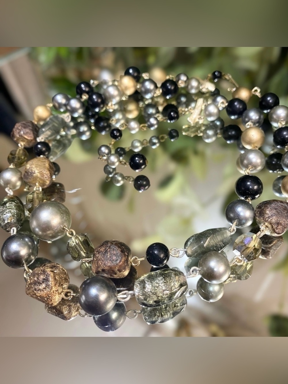 Vintage Signed Japan Necklace Beaded Double or 2 Strands Gray Black c1960s Retro